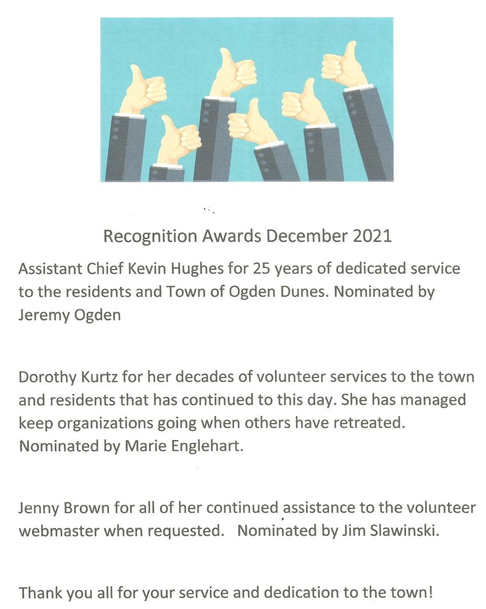 Recognition Awards December 2021. Assistant Chief Kevin Hughes, volunteers Dorothy Kurtz, Jenny Brown