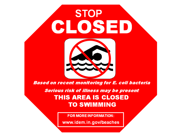 Red Water Quality Closed Sign. Based on recent monitoring for E. coli bacteria serious risk of illness may be present. This area is closed to swimming.